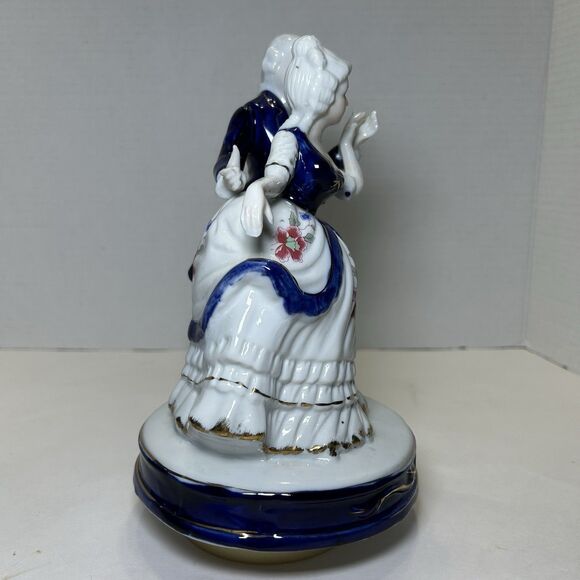 Vintage Victorian/Colonial Dancing Man & Lady Music Box Blue/White - Picture 3 of 6